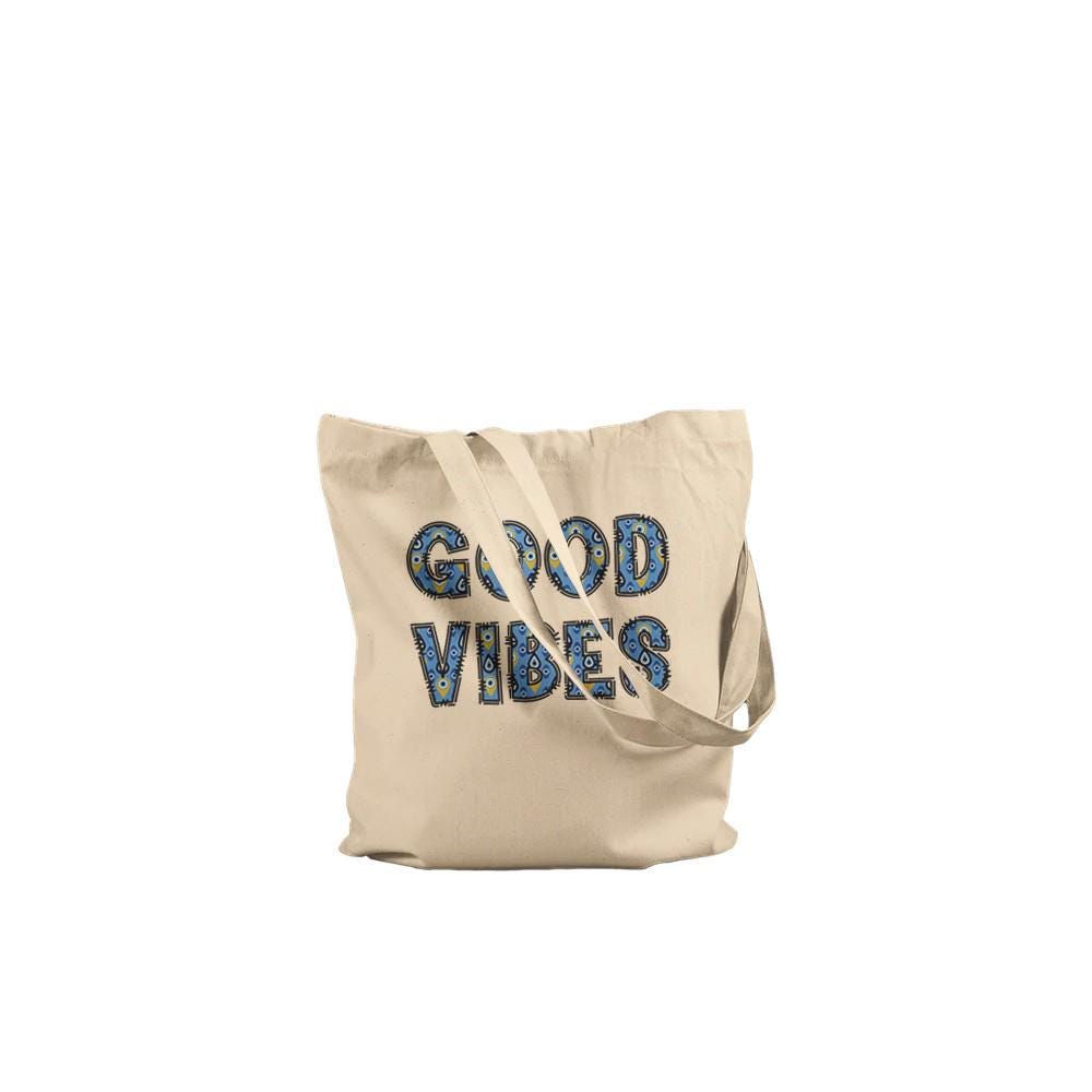 Good Vibes Evil Eye Premium Tote Bag – Natural & Black Colors | Good Energy Tote Bag | Evil Eye Tote