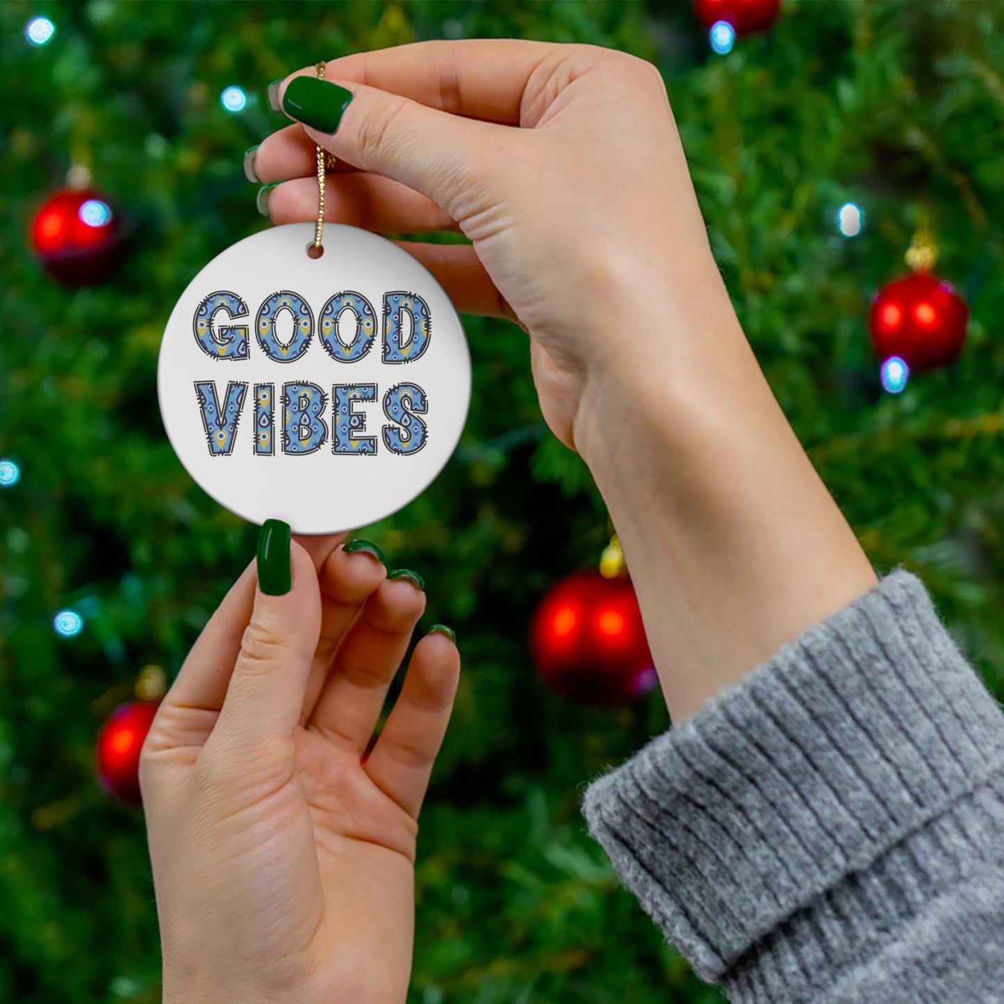 Good Vibes Evil Eye Ceramic Ornament - Available in 4 Shapes | Good Luck Ornament | Christmas Ornament | Holiday Season Gift