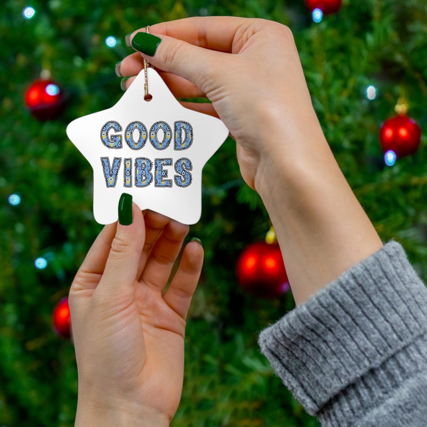 Good Vibes Evil Eye Ceramic Ornament - Available in 4 Shapes | Good Luck Ornament | Christmas Ornament | Holiday Season Gift