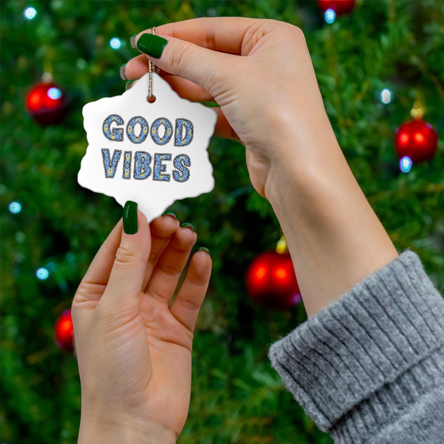 Good Vibes Evil Eye Ceramic Ornament - Available in 4 Shapes | Good Luck Ornament | Christmas Ornament | Holiday Season Gift