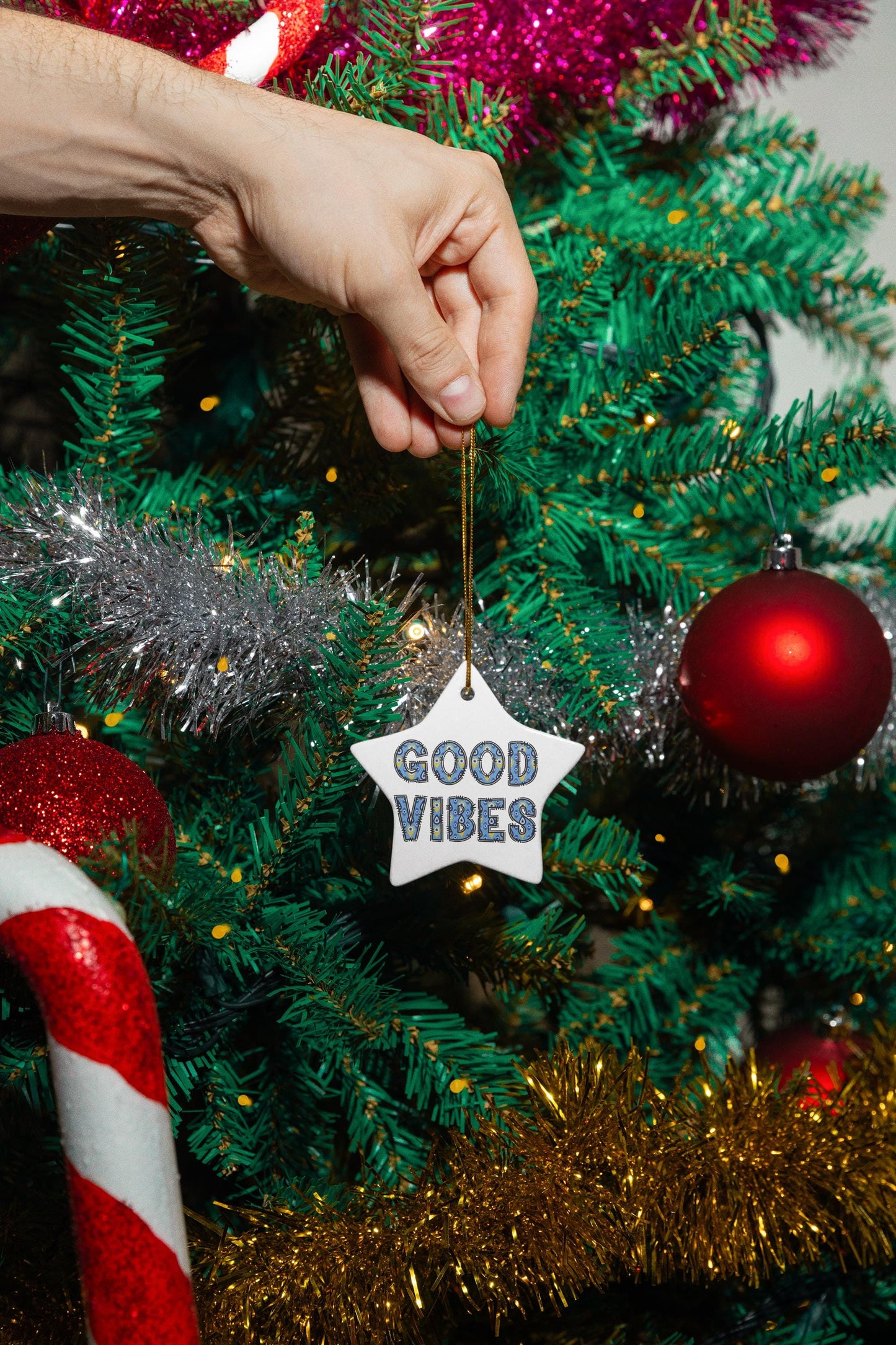 Good Vibes Evil Eye Ceramic Ornament - Available in 4 Shapes | Good Luck Ornament | Christmas Ornament | Holiday Season Gift