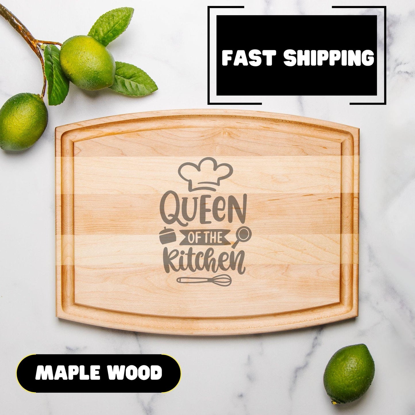 Kitchen Queen Arched Wood Cutting Board with Groove - 12" x 9" | Cutting Board | Wedding Gift | Charcuterie Board | Valentines Day Gift